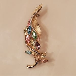 Vintage Multi Color Pastel Rhinestone Leaf Pin or Brooch